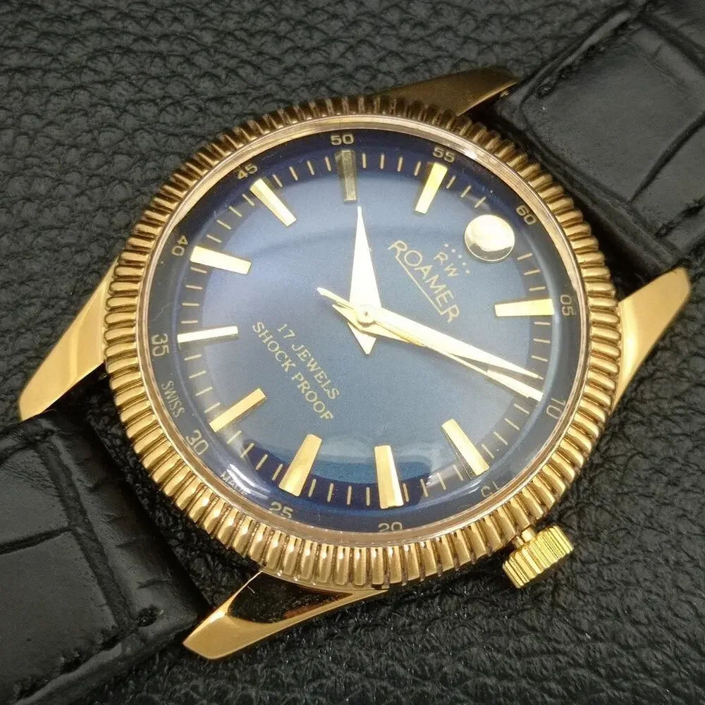 Vintage 1974 Roamer Manual Mens Gold Watch W/Leather Strap & Blue accents